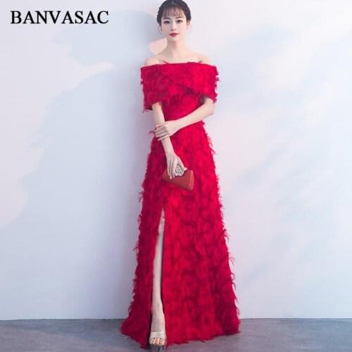 BANVASAC 2018 Feathers Boat Neck Split Lace A Line Long Evening Dresses Party Short Sleeve Sash Backless Prom Gowns