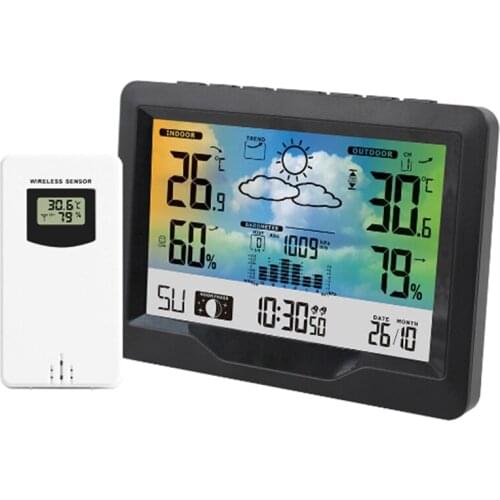 Wireless LCD Digital Weather Station Indoor Outdoor Thermometer Hygrometer Wall Barometer MoonPhase Weather Forecast Alarm Watch