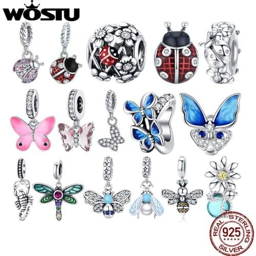 WOSTU Authentic 925 Sterling Silver Ladybug Butterfly Beads Charms Pendant Fit Bracelets Women Fashion DIY Jewelry Gift Making