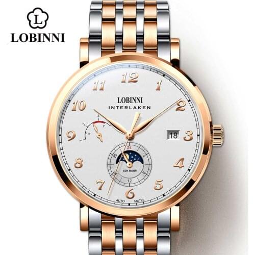 Lobinni Automatic Men Watch For Mens Wristwatch Clock Moon Phase Man Mechanical Watches Male Leather relojes para hombre 686009