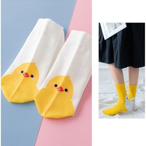 4Colors Cartoon Cotton Breathable Mid Tube Socks Women Sock 1Pairs Cute Duck Print Animal Pattern Funny Female Sox