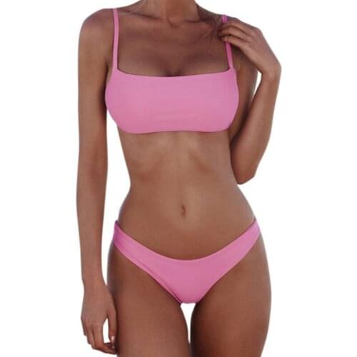 E56D Summer Ladies Sexy Beach Bikini Solid Color Split Polyester Bikini Swimsuit Female Low Waist Bikini Suit Swimsuit