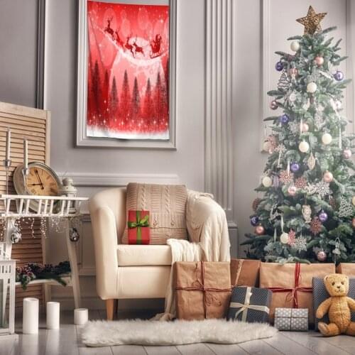 Tapestry Pine Trees Snowy Christmas Night Sky Full Moon Stars Santa Claus Flying on His Sleigh with Reindeers Art White red