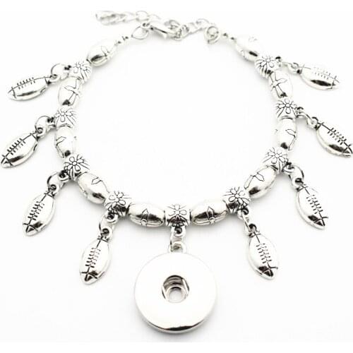 Hot Sale 1pcs Metal Silver Cross Bead Snap Bracelet With Sports Football Charms 18mm Snap Button Bracelet&Bangles DIY Jewelry
