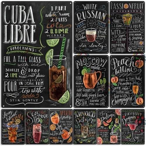 Classic Chalk Art Prints Plaque Metal Vintage Cocktail Metal Signs Vintage Metal Plates Bar Decoration Poster Wall Decor Retro