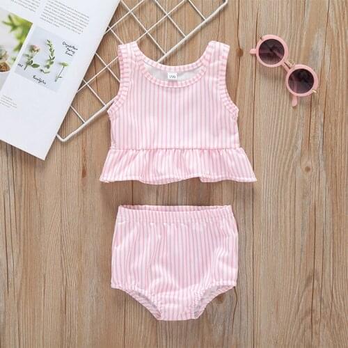 2PCS/Sets Baby Girls Swimwear Striped Ruffle Top+Shorts Swimsuit Bathing Suit Pink Blue Bikini Set Outfits Summer Beach Wear