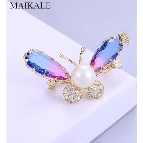 MAIKALE Butterfly Copper Zirconia Brooch For Ladies Pearl Luxury Dragonfly Brooch Pin Exquisite JewelryParty Accessories Gift
