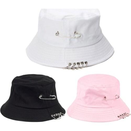 Unisex Harajuku Punk Cotton Bucket Hat Metal Pin O-Rings Hip Hop Fisherman Cap
