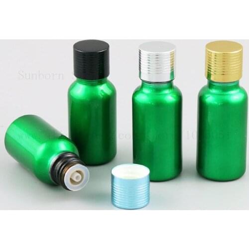 Refillable Green Glass Essential Oil Bottles Container with Orifice Reducer Aluminium Black Gold Silver Lids 15ml 20ml 12pcs