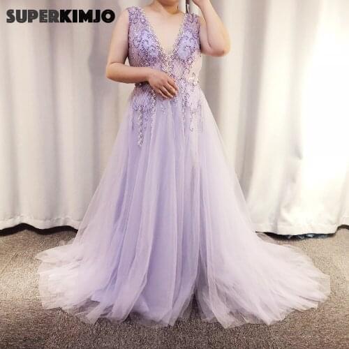 SuperKimJo Vestidos De Formatura 2020 Real Photo Lavender Prom Dresses Plus Size Beaded V Neck Purple Elegant Prom Gown