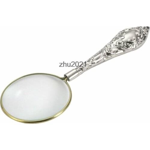 Carved Handheld 5X Magnifying Glass Illuminated Magnifier Silver Tone