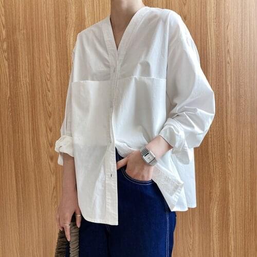 French Simplicity Long Sleeve V-neck Shirt Womens 2021 New Design Sense Niche Idle Style Shirt