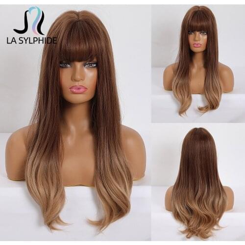 La Sylphide Synthetic Wig Long Natural Wave Dark Brown Ombre Blonde Wigs with Bangs for Women Party Daily Wig Heat Resistant