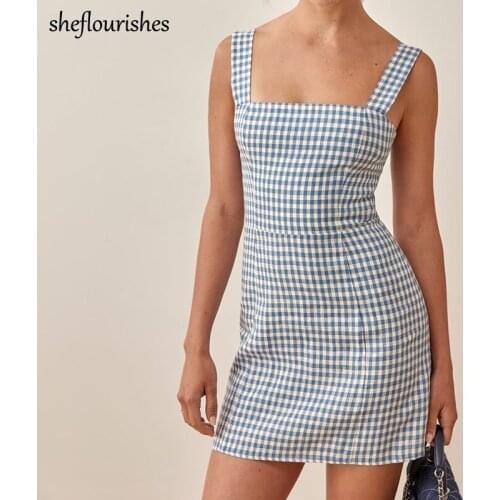 Vintage dress women summer plaid dresses sleeveless square neck dress kawaii mini dresses backless A line dress casual blue
