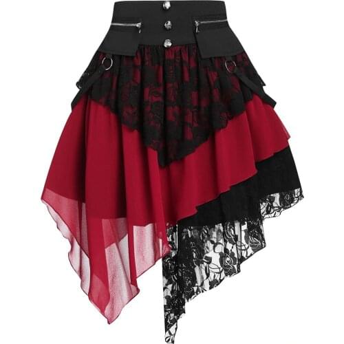 Woman Skirts Goth 2021 New Fashion Sexy Gothic Lace Stitching Zipper Button Irregular Vintage Skirts Womens A-line Mini Skirts