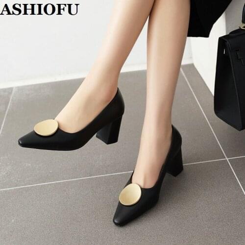 ASHIOFU Handmade Real Picture Womens Chunky Heels Pumps Black Faux Leather Party Dress Shoes Evening Fashion Pumps Court Shoes