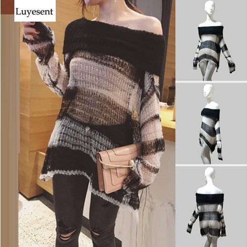 Punk Loose Women Pullover Long Sweater Gothic Thin Striped Hollow Out 2021 Lady Transparent Hole Cool Top Slash Neck Jumpers New