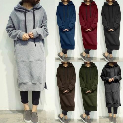 Autumn And Winter Womens Casual Solid Hooded Dress Long Sleeve Long Sweatshirt Dress Winter fashion Fleece Loose Pullover Dress