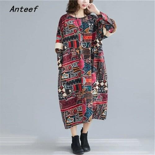 Long sleeve plus size cotton linen vintage floral women causal loose spring autumn elegant dress clothes 2021 ladies dresses