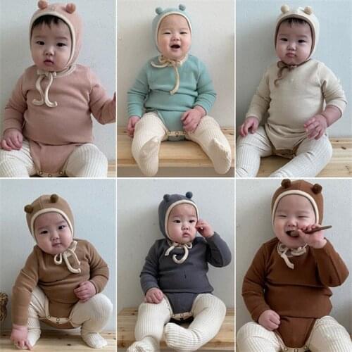 Baby Girls Boys Sets Autumn Long Sleeve Cotton Rompers Hat and Pants 3pcs Set Newborn Childrens Clothes