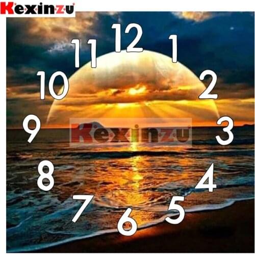 Kexinzu 5D Diamond Painting Kit With Clock Mechanism Cross stitch Full Square Round Diamond Embroidery Mosaic Sun Gift