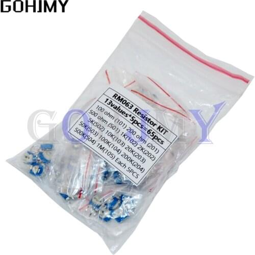 65PCS RM063 Trimmer Potentiometer Adjustable Resistor Kit 500R 1K 5K 10K 20K 50K 100K 200K 500K 1M RM-063 Variable Resistors