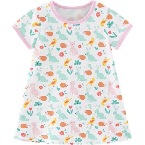 Jumping Meters Breathable Girls with Cute Animal Pattern Cotton Kids Summer Sling Short Sleeve Dress for Casual Skirt