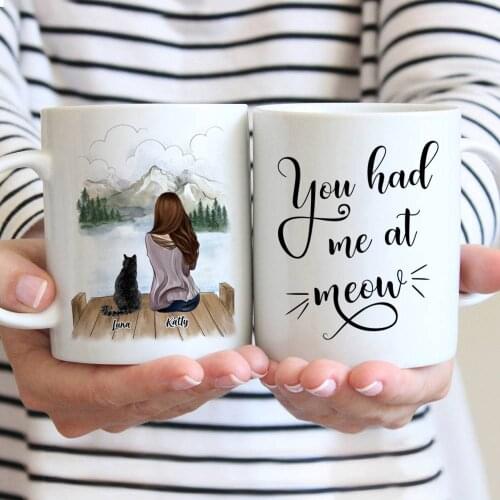 Girl and Cat Man Couple and Pet Personalized Mug Coffee Cups Gift for Family DIY Choose Hair Skin Clothes 11/15 Oz R2058