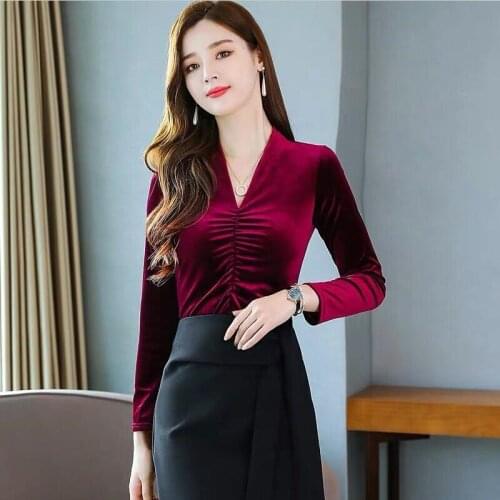 Elegant Office Lady T-shirts 2020 Autumn Women Solid Velvet Tops V-Neck Velour Basic Tee Shirts Plus Size M-7XL 8XL