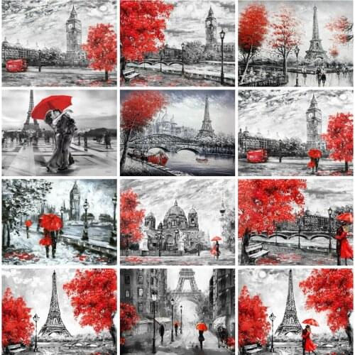 HUACAN Full Square Diamond Painting Scenery Embroidery Black And Red Street 5D Diamond Mosaic Room Decor Gift