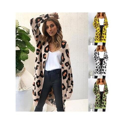 Women autumn coat Leopard long sleeve knitted outerwear loose sweater cardigan long windbreaker casual sweaters womens clothing