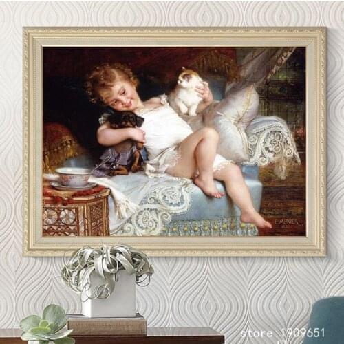 No frame classical figures cute dog cat girl landscape canvas printings oil painting printed on cotton wall decoration picture