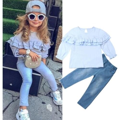 18M-6Y Kids Girls Clothing Sets Spring Autumn Baby Girls Clothes Ruffle Long sleeve Top+Denim Pants Suit 2Pcs Children Clothes