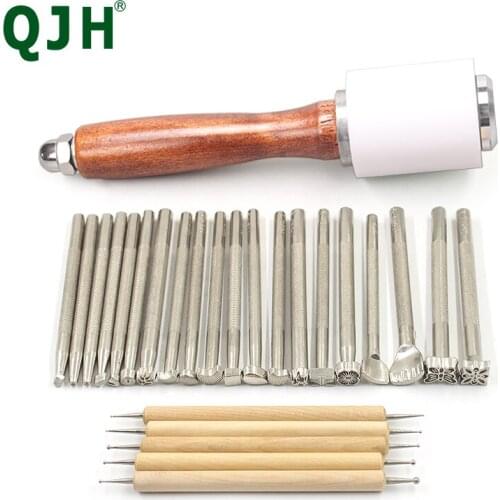 Leather Professional Punch Hammer Leather Sculpture Stamping Sewing Line Pressing Point Pen Tool 26pc DIY Craft Making Tool Set