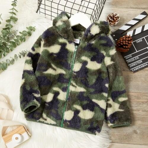 PatPat Toddler Boy Camouflage Print Zipper Hooded Fuzzy Jacket Coat