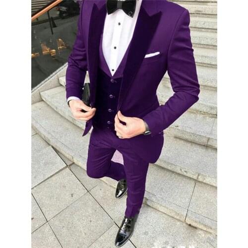 Brand New Men Suits Purple and Black Groom Tuxedos Peak Lapel Groomsmen 3 Pieces Set ( Jacket+Pants+Vest+Bow Tie ) D328