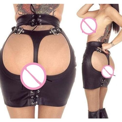 S-XXL Female Open Hip Buttock Exposing Bondage Skirt Wetlook Faux Leather Spanking Skirt Tight Fit Fetish Club Erotic Skirt
