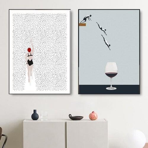 Self-adhesive Wall Sticker Abstract Nordic Posters and Prins Swim Wine Glass on The Wall Art Pictures for Living Room Decoration
