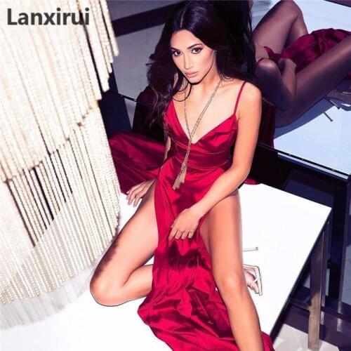 Sexy Side Split Maxi Dress Solid Sexy Deep V Neck Backless Evening Party Elegant Clubwear Spaghetti Strap Dresses