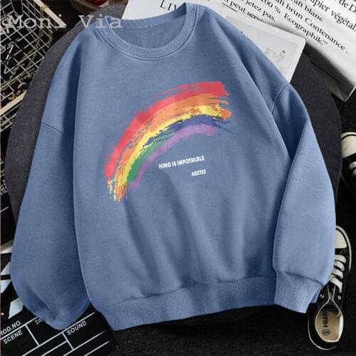 Mens Winter Sweatshirt Long-Sleeve Rainbow Letter Printing Streetwear For Men Fashion Korean Casual Loose Male Clothing