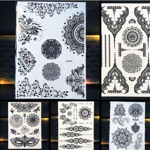 25 Style Hot Waterproof Black Henna Tattoo Fake Mandala Flower Arm Hand Tatoo Owl Decals Women Body Art Temporary Tattoo Sticker