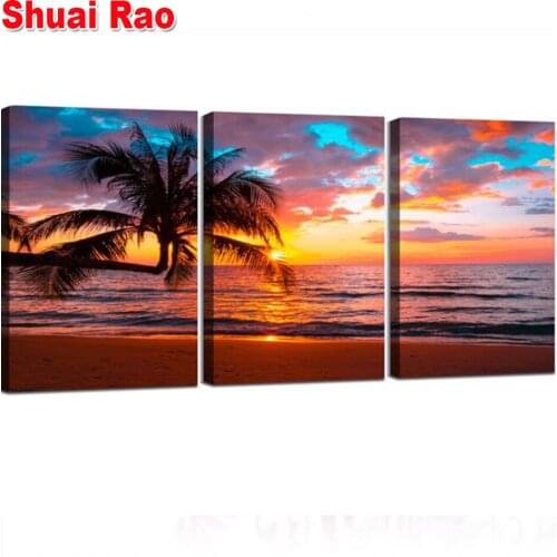 Sunset Beach Coconut tree diamond Embroidery 3 piece Diamond Painting full square round diamond mosaic Triptych landscape