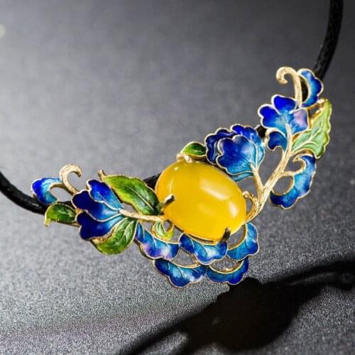 Cloisonne Retro Thai Silver Gilt Enamel Blue S925 Sterling Silver Pendant Female Hollow Peony Natural Yellow Agate Pendant