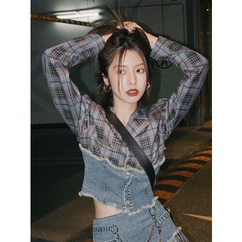 Women Suits Plaid Jeans Spliced Vintage Fashion New Y2K Summer Full Turn-down Collar Mini Dress 2 Pic Set Euro-America Style