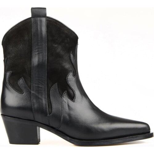 FootCourt- Black Cowboy Boots Spring Autumn Genuine Leather Boots Flat Platform Fashion Pointed Toe Mid Heel Ladies Shoes Riding