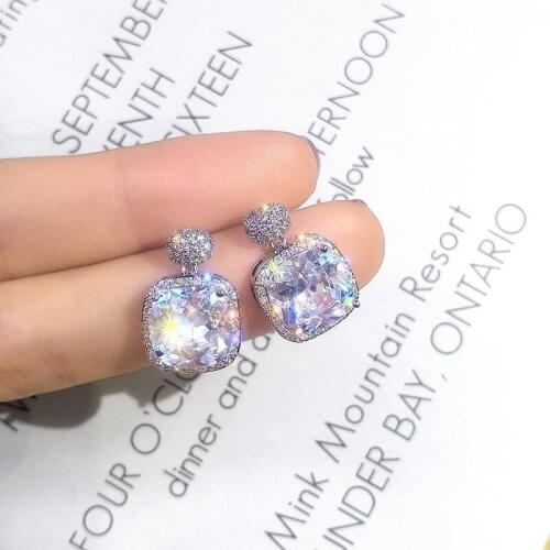 Luxury New Silver Color Super Flash Round Square Zircon Earrings for Women Silver Needle Anti Allergy Pendientes Jewelry