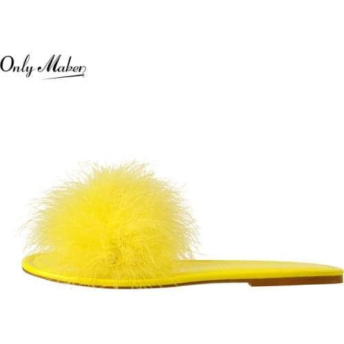 Onlymaker Slip-on For Women Patent Leather Summer Flats Shoes Round Open Toe Yellow Feather Fashion Comfortable Big Size