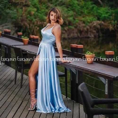 Eeqasn Sky Blue satin V Neck vestidos de fiesta de noche prom party Evening Dresses robe de soiree back lace-up side slit