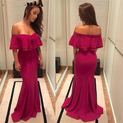 Fuschia Mermaid Long Prom Dresses For Women 2020 Under 100 Sexy Off Shoulder Chiffon Formal Evening Dress Party Zipper Up