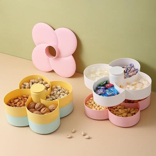 1pc Flower Shape Snack Storage Container 2 Tiers Moistureproof Rotating Snack Tray Candy Storage Box with Lid for Home Supply